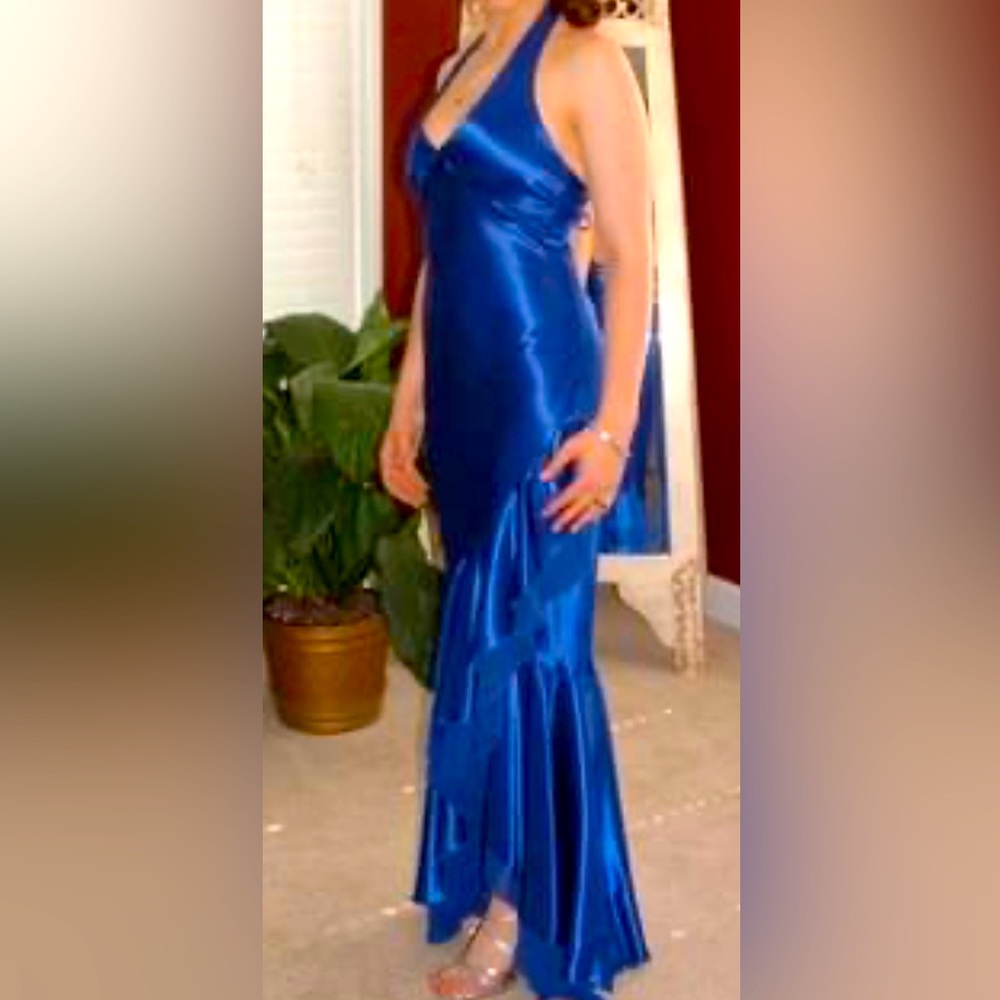 City Triangles satiny backless sexy formal blue halter dress. Prom?